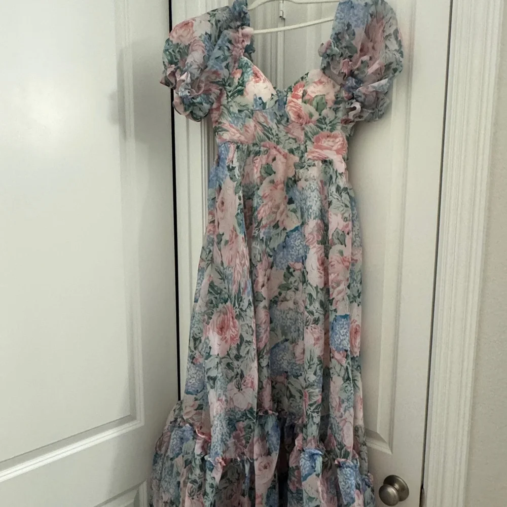 Pink and Blue puff sleeve floral floor length dress - Picture 1 of 5